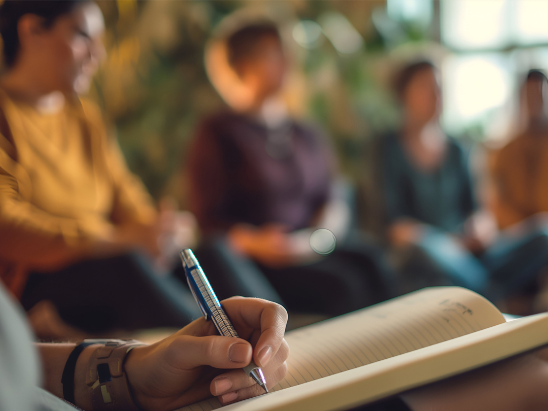 Person's hand writes in a lined notebook with a pen, while a group sits blurred in the background, suggesting a workshop or meeting.