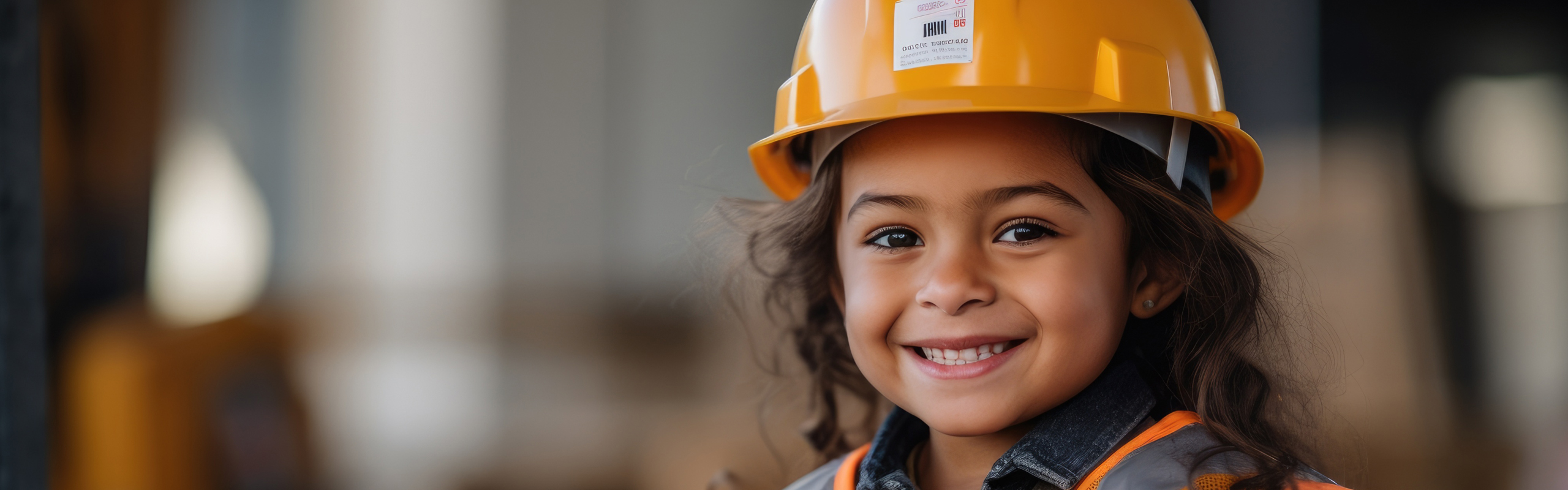 Ein fröhliches Mädchen mit einem Schutzhelm lächelt optimistisch.