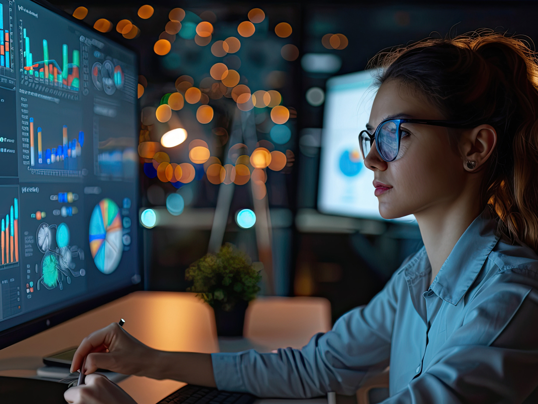 Eine Frau mit Brille schaut auf einen Computerbildschirm.