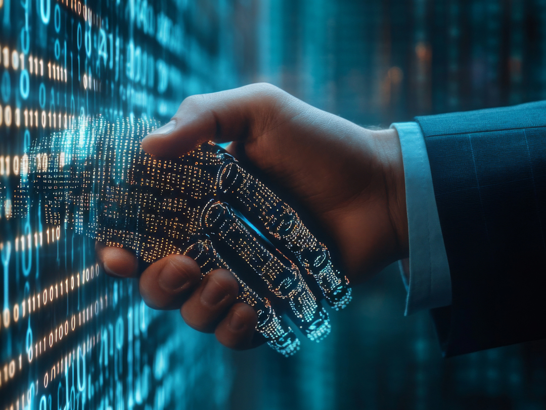 Bild zeigt eine futuristische Darstellung von KI, die die Arbeitswelt revolutioniert und neue Möglichkeiten schafft.