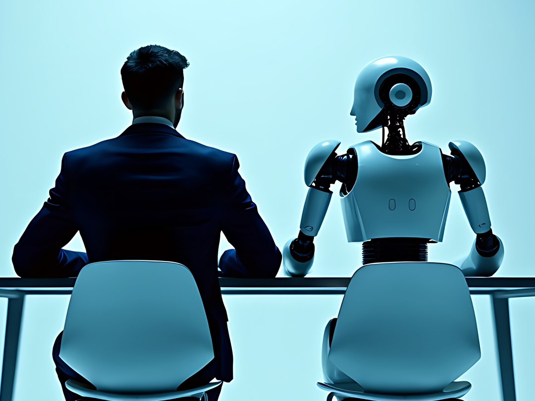 Ein Mann und ein Roboter sitzen an einem Tisch und unterhalten sich in einer futuristischen Umgebung.