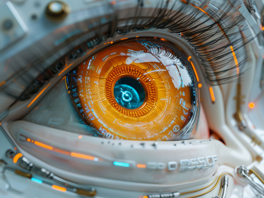 Nahaufnahme eines Roboterauges, das auf einen Computerbildschirm gerichtet ist.