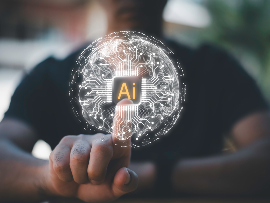Finger touching a glowing holographic AI brain made of circuits