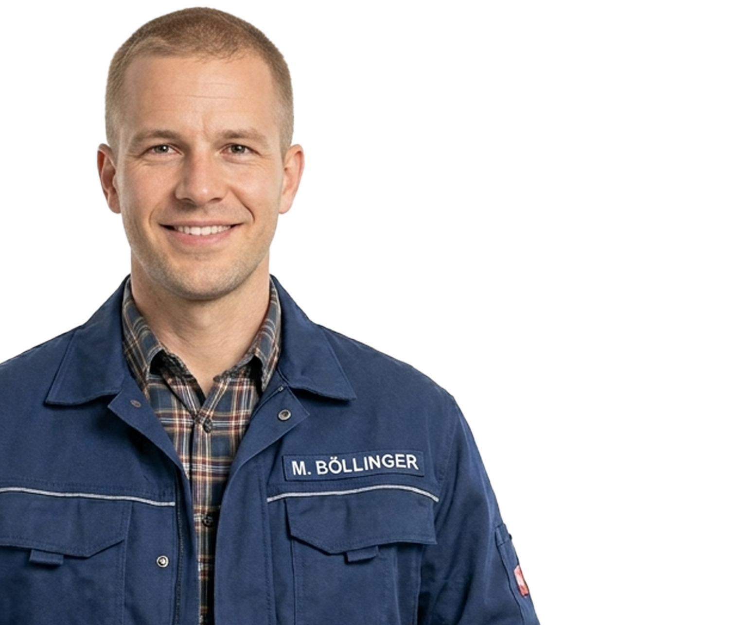 Smiling man in a blue work jacket with a name tag reading 'M. BÖLLINGER' against a light background.