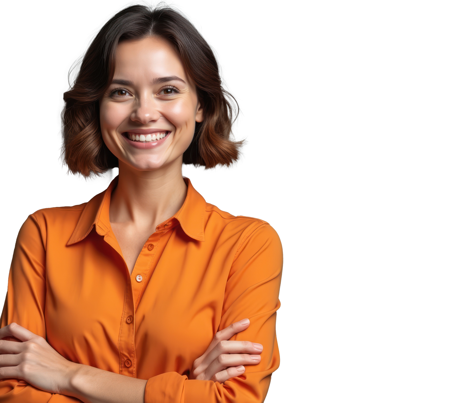 Smiling woman with short brown hair in an orange button-down shirt, arms crossed against a gray background.