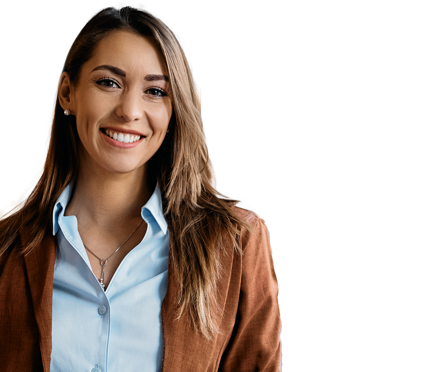 Smiling woman with long brown hair wearing a light blue blouse and brown blazer. (Head and shoulders portrait)