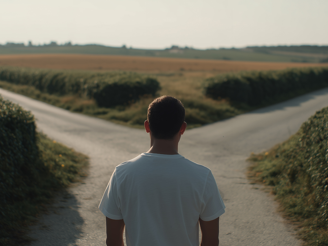 Man stands at a rural fork in the road, facing two diverging paths with hedges on either side under a sunny sky.