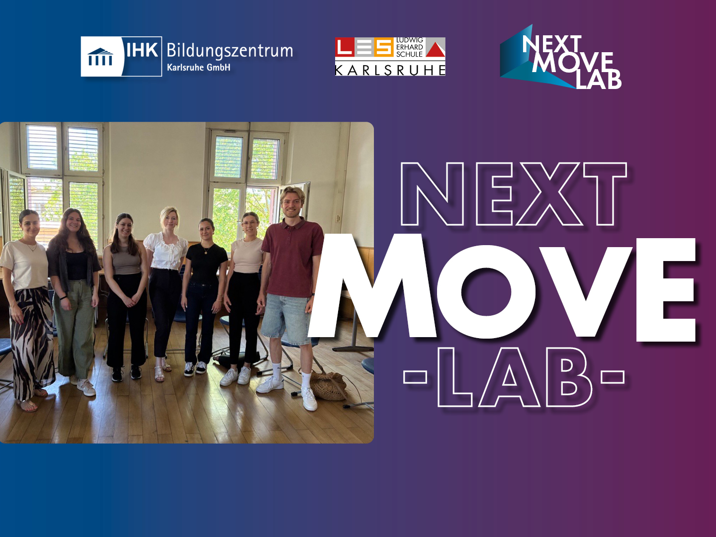 Group of eight young adults posing in a bright classroom, with a large NEXT MOVE LAB banner on a purple gradient background.