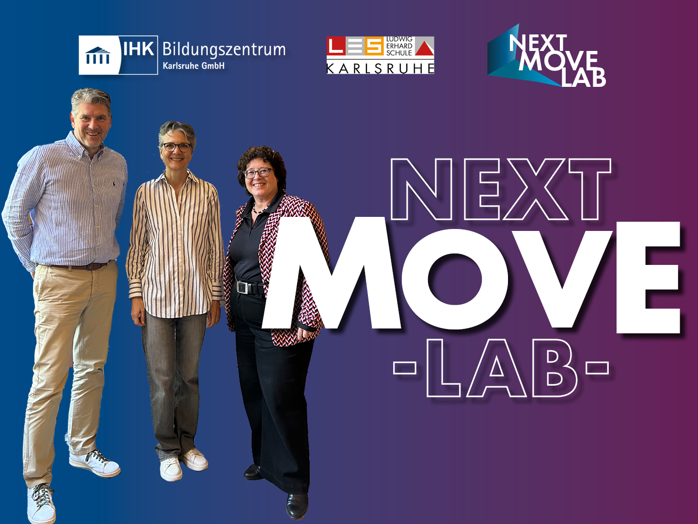 Banner promoting Next Move Lab with three adults standing on the left, gradient blue-to-purple background, logos at the top, and large 'NEXT MOVE LAB' text on the right.