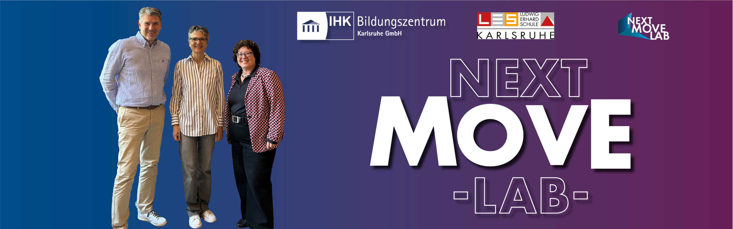 Three adults posing in front of a blue-to-purple gradient banner that reads NEXT MOVE-LAB, with partner logos above.