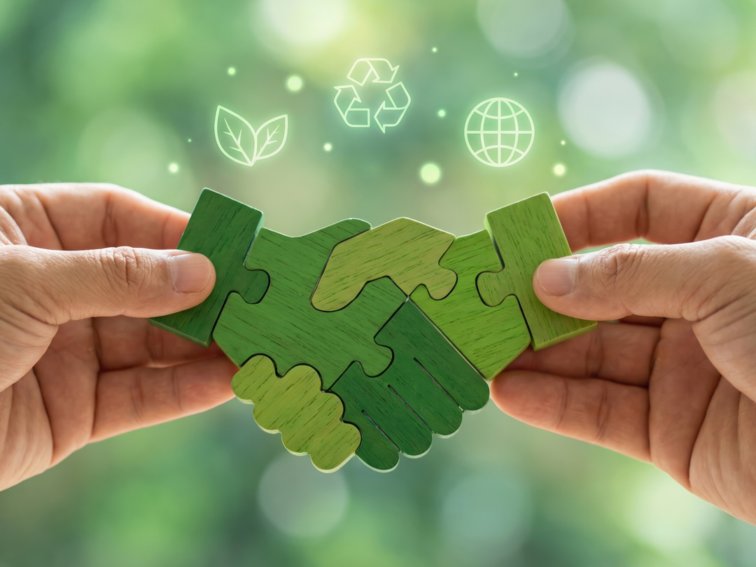 Two hands join green puzzle pieces in a handshake, symbolizing collaboration for a sustainable future.