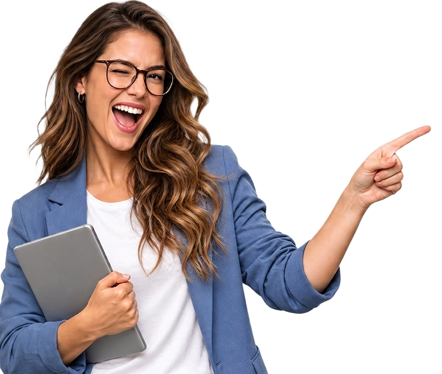 Smiling woman in a blue blazer holding a tablet while pointing to the right
