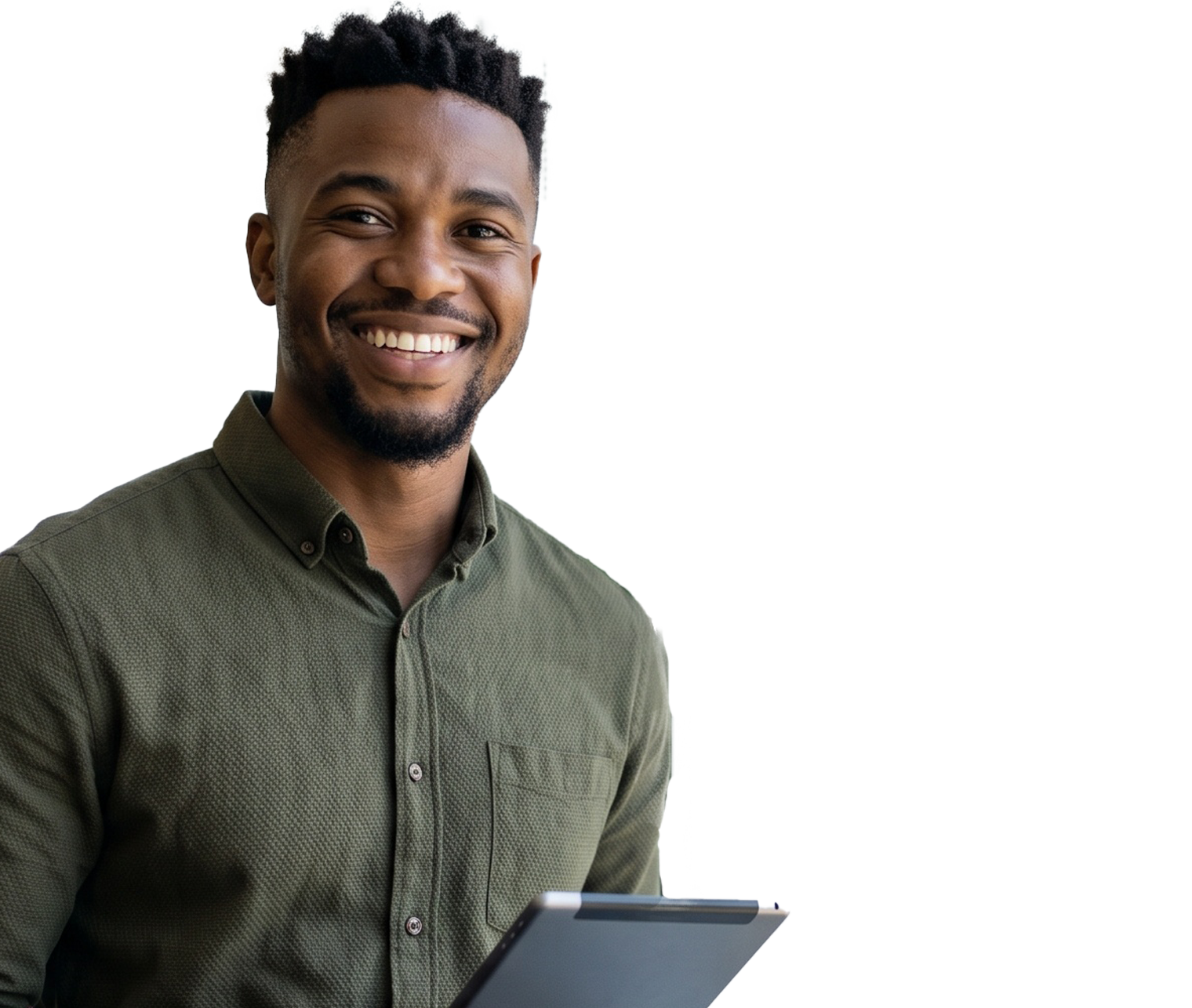 Smiling man in an olive green button-down shirt holds a tablet beside a window in an office setting.
